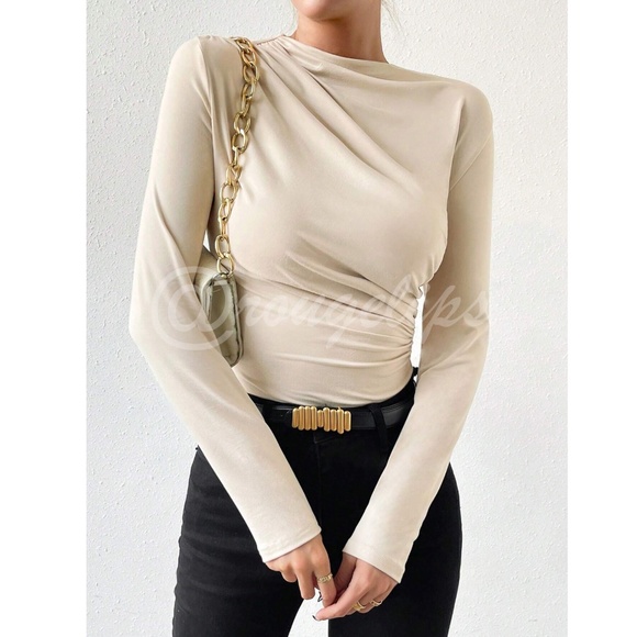 Ruched Asymmetric Beige Long Sleeve Bodysuit Slim Fit - Picture 3 of 8